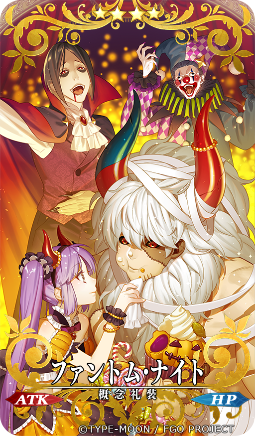 asterios_(fate/grand_order) bare_shoulders black_sclera blood blush caster_(fate/zero) costume couple dress euryale fate/grand_order fate/hollow_ataraxia fate/zero fate_(series) food hairband horns kazuki_yone long_hair open_mouth phantom_of_the_opera_(fate/grand_order) purple_hair red_eyes smile twintails white_hair