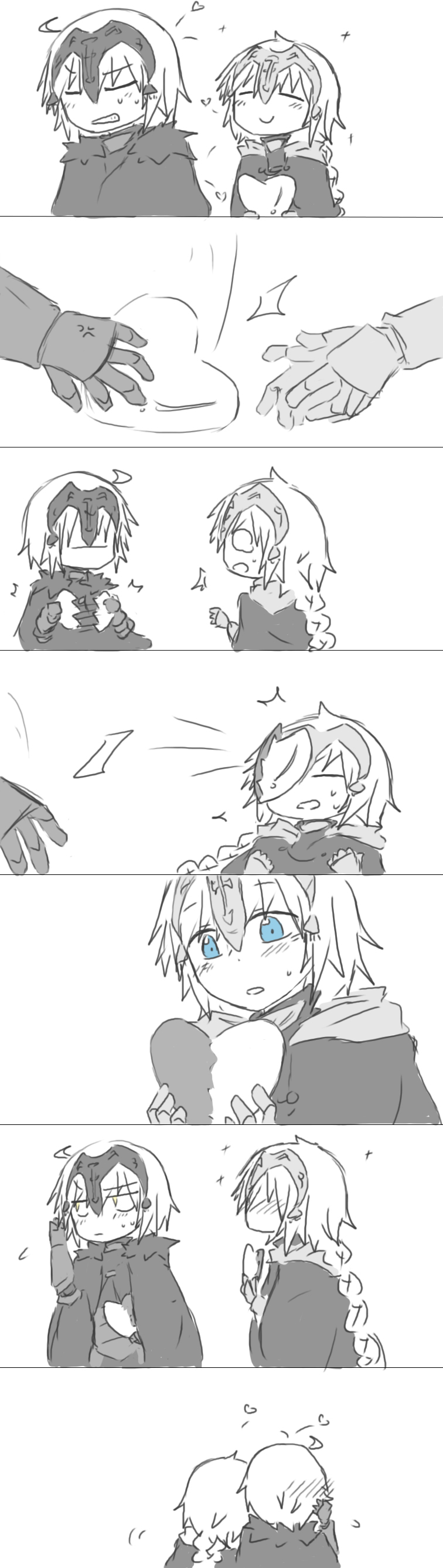 absurdres ahoge anger_vein blue_eyes blush braid broken_heart closed_eyes comic fate/grand_order fate_(series) gauntlets greyscale headpiece heart highres holding_heart jeanne_alter leaning_on_person long_braid monochrome ruler_(fate/apocrypha) short_hair silent_comic single_braid sparkle spot_color sweat tearing_up the_iizumi throwing white_background yellow_eyes yuri