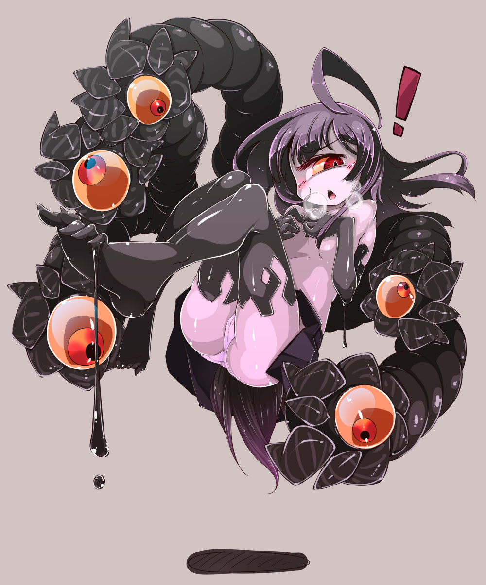 ! &gt;:o 1girl :o ahoge bangs barefoot black_hair commentary_request covering covering_breasts cyclops extra_eyes eyebrows_visible_through_hair floating gazer_(monster_girl_encyclopedia) grey_background highres legs_together long_hair monster_girl monster_girl_encyclopedia one-eyed open_mouth pale_skin panties red_eyes slime slit_pupils solo tail tentacle topless underwear white_panties yellow_sclera yofukashi
