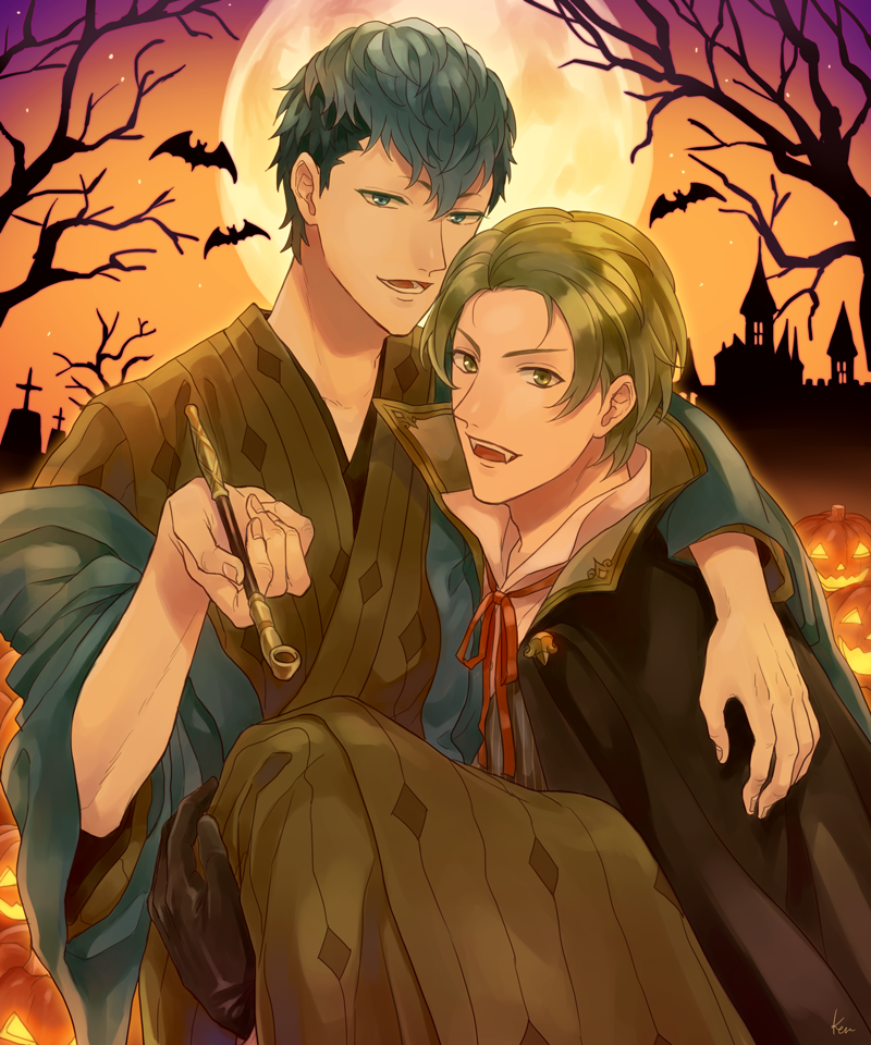 2boys akke blonde_hair blue_hair castle fire_emblem fire_emblem_echoes:_mou_hitori_no_eiyuuou fire_emblem_gaiden force_(fire_emblem) green_eyes halloween halloween_costume messy_hair moon multiple_boys night outdoors paison smile vampire vampire_costume yellow_eyes