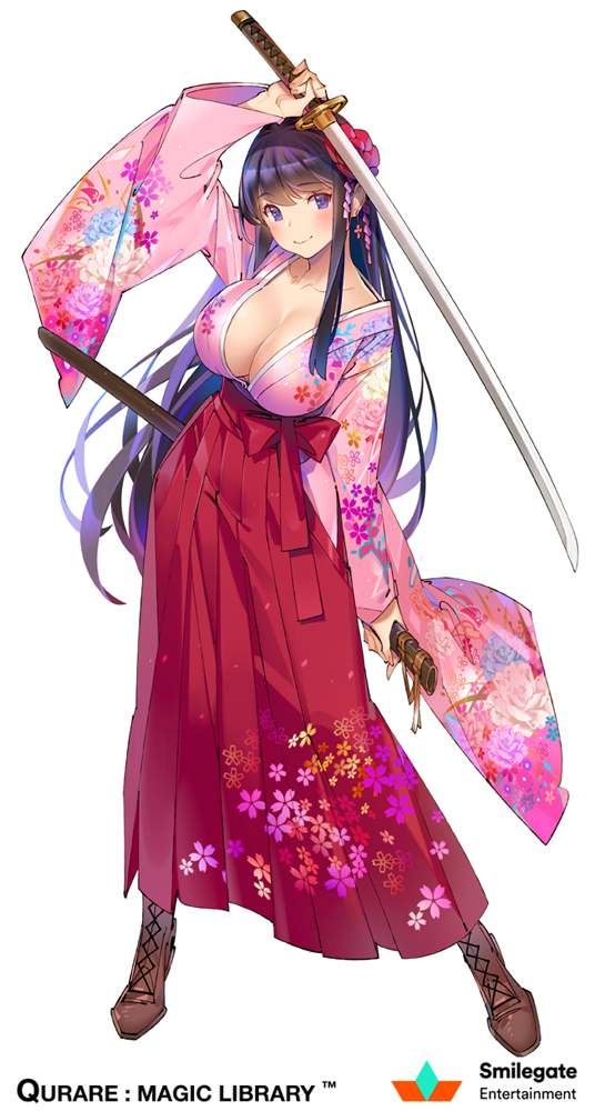 1girl arm_up black_hair blue_eyes blush boots breasts cleavage company_name copyright_name cross-laced_footwear floral_print hair_ornament hakama japanese_clothes katana kimono large_breasts long_hair pop_kyun qurare_magic_library sheath simple_background smile solo sword weapon white_background wide_sleeves