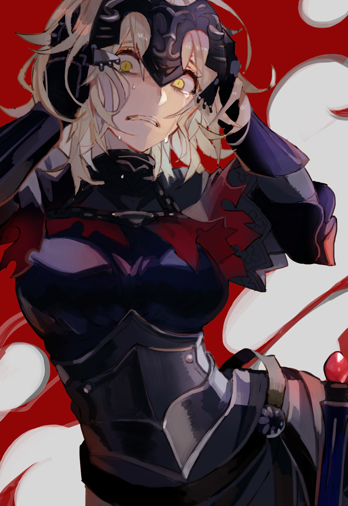 1girl armor blonde_hair boobplate breasts cape clenched_teeth crying crying_with_eyes_open fate_(series) faulds gauntlets grimace hands_on_own_head jeanne_alter kibadori_rue looking_at_viewer red_cape ruler_(fate/apocrypha) short_hair slit_pupils solo tears teeth tiara torn_cape underbust wide-eyed yellow_eyes