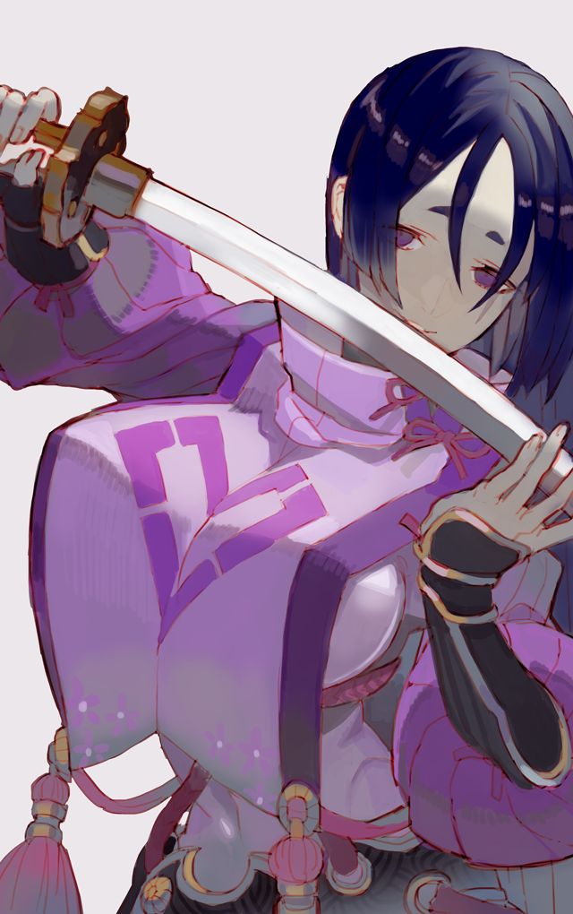 1girl breasts dress fate/grand_order fate_(series) grey_background holding holding_sword holding_weapon huge_breasts kibadori_rue long_hair looking_at_viewer minamoto_no_raikou_(fate/grand_order) purple_dress purple_hair smile solo sword unsheathed upper_body violet_eyes weapon