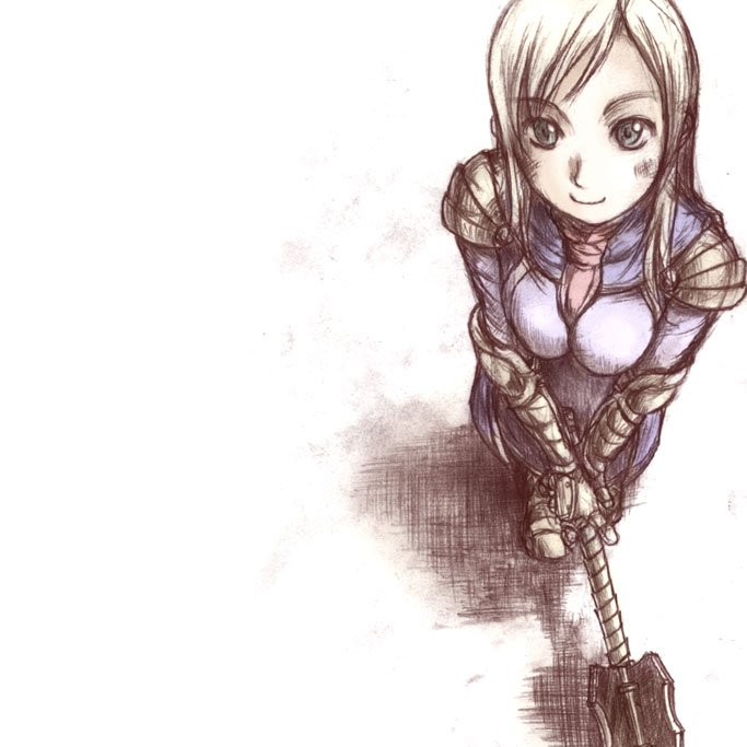 1girl aqua_eyes armor armored_boots ascot bangs between_breasts blonde_hair boots cape closed_mouth dress elona eyebrows eyebrows_visible_through_hair from_above full_body gauntlets golden_knight_(elona) holding holding_weapon knight lavender_dress long_hair long_vowel_mark looking_at_viewer mace nose purple_cape red_neckwear shadow shoulder_armor sidelocks simple_background sketch smile solo standing straight_hair swept_bangs v_arms weapon white_background