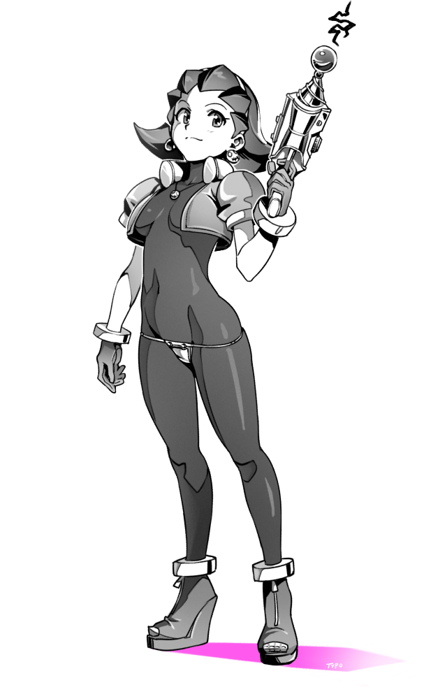 1girl ankle_boots bodysuit boots breasts commentary cropped_jacket crotch_plate earrings full_body gloves greyscale holding holding_weapon jacket jewelry looking_at_viewer medium_breasts monochrome open_clothes open_jacket rockman rockman_dash short_hair short_sleeves signature simple_background skin_tight smile solo standing tron_bonne typo_(requiemdusk) weapon white_background