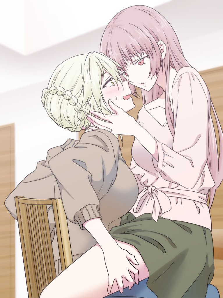 2girls artoria_pendragon_(all) artoria_pendragon_(lancer_alter) blonde_hair blue_pants blush brown_shirt casual chair commentary_request face-to-face fate/grand_order fate_(series) florence_nightingale_(fate/grand_order) green_skirt hair_down long_hair multiple_girls open_mouth pants pink_eyes pink_hair pink_shirt shirt sitting sitting_on_lap sitting_on_person skirt sweat yellow_eyes yoshii_udon yuri