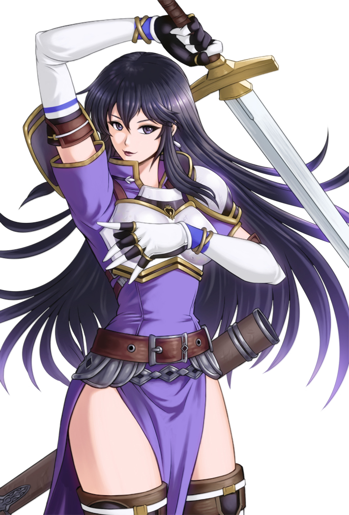 1girl aira_(fire_emblem) armor belt black_eyes black_hair boots bracelet breastplate dress earrings elbow_gloves fire_emblem fire_emblem:_seisen_no_keifu gloves holding holding_weapon jewelry long_hair rakusai_(saisai_garou) ring sheath side_slit simple_background smile solo spaulders sword thighs weapon white_background