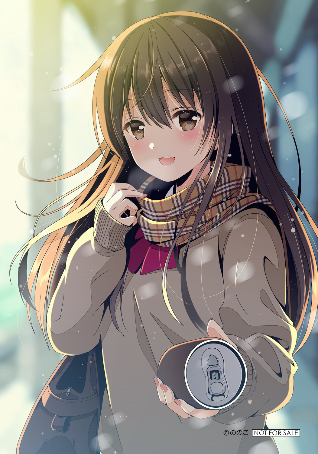 1girl :d artist_name bag bangs blurry blush brown_eyes brown_hair brown_scarf can canned_coffee day depth_of_field eyebrows_visible_through_hair hair_between_eyes hand_up highres holding holding_can long_hair looking_at_viewer offering_drink open_mouth original outdoors plaid plaid_scarf scarf school_uniform shoulder_bag smile snow solo sweater tareme winter yuuka_nonoko