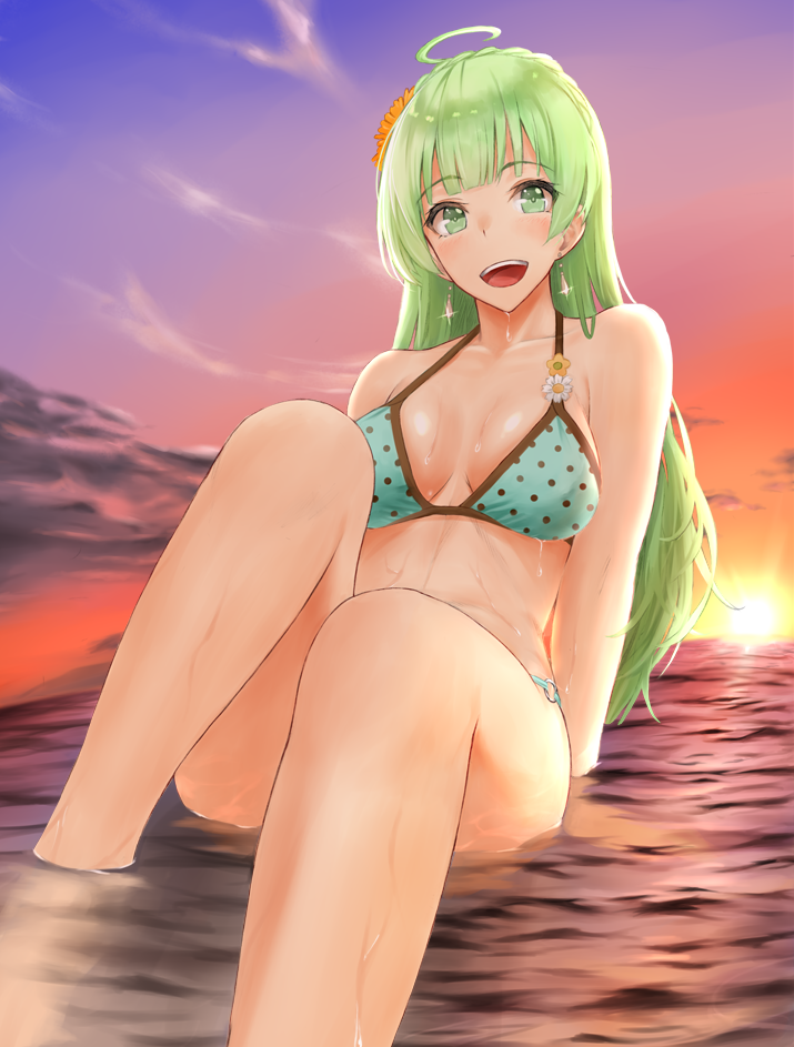 1girl :d ahoge arm_support bangs bikini blush breasts evening flower foreshortening green_bikini green_eyes green_hair hair_flower hair_ornament idolmaster idolmaster_million_live! idolmaster_million_live!_theater_days kitagawa_onitarou long_hair looking_at_viewer medium_breasts open_mouth outdoors partially_submerged shimabara_elena sitting smile solo sunset swimsuit wet