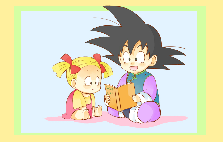 1boy 1girl :d age_difference black_eyes black_hair blonde_hair blue_background book chinese_clothes dragon_ball dragonball_z dress expressionless happy marron namizou open_mouth pink_dress shadow shirt simple_background smile son_goten spiky_hair twintails yellow_shirt