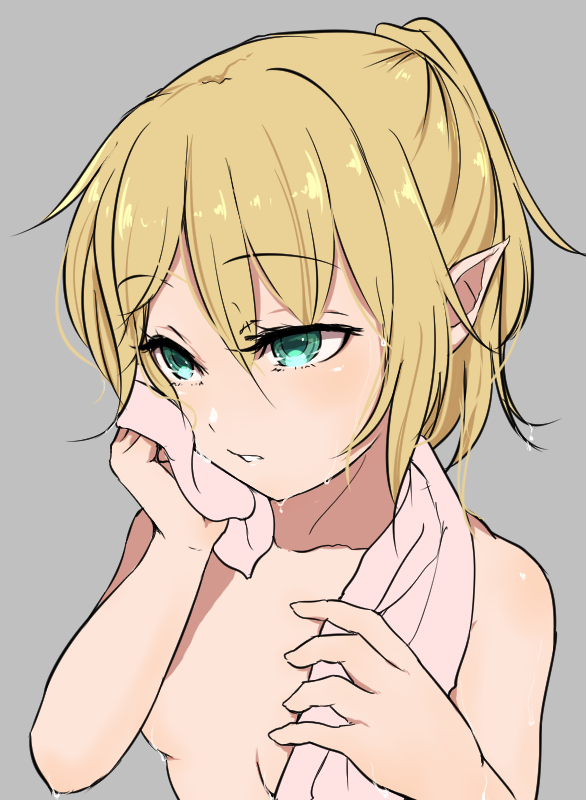 1girl blonde_hair breasts collarbone eyebrows_visible_through_hair green_eyes grey_background hands_up marsen mizuhashi_parsee nude one_side_up parted_lips pink_towel pointy_ears short_hair simple_background sketch small_breasts solo touhou towel towel_around_neck upper_body wet wiping