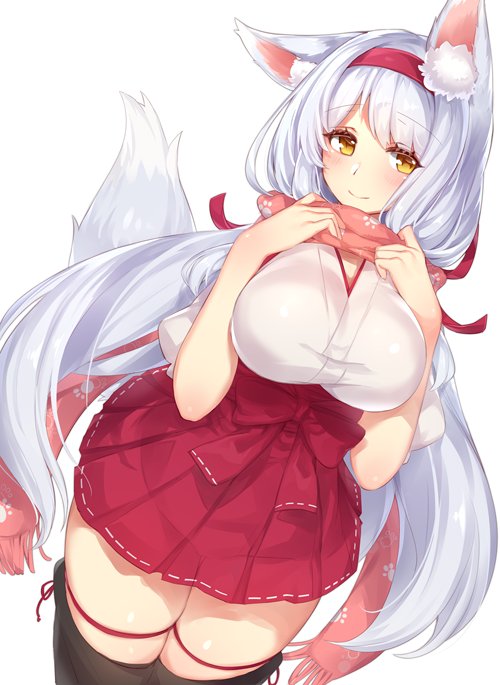 1girl blush breasts closed_mouth cowboy_shot curvy dutch_angle eyebrows_visible_through_hair hairband hakama_skirt japanese_clothes kantai_collection kemonomimi_mode large_breasts long_hair looking_at_viewer paw_print ribbon ribbon-trimmed_skirt ribbon_trim scarf shoukaku_(kantai_collection) silver_hair simple_background smile solo tail thick_thighs thigh-highs thigh_ribbon very_long_hair white_background wide_hips yamaarashi yellow_eyes