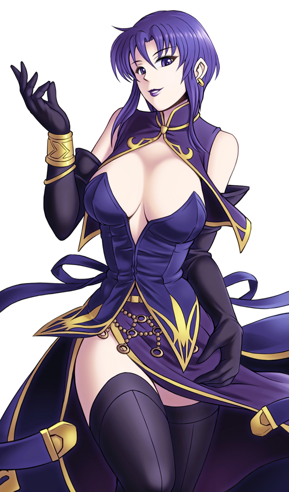 1girl bare_shoulders black_gloves black_legwear blue_eyes blue_hair blue_lipstick bracelet breasts cleavage dress earrings elbow_gloves female fire_emblem fire_emblem:_rekka_no_ken gloves hand_up highres jewelry large_breasts lips lipstick looking_at_viewer makeup nintendo parted_lips rakusai_(saisai_garou) short_hair side_slit simple_background sleeveless_dress smile solo standing thigh-highs ursula_(fire_emblem) white_background zettai_ryouiki