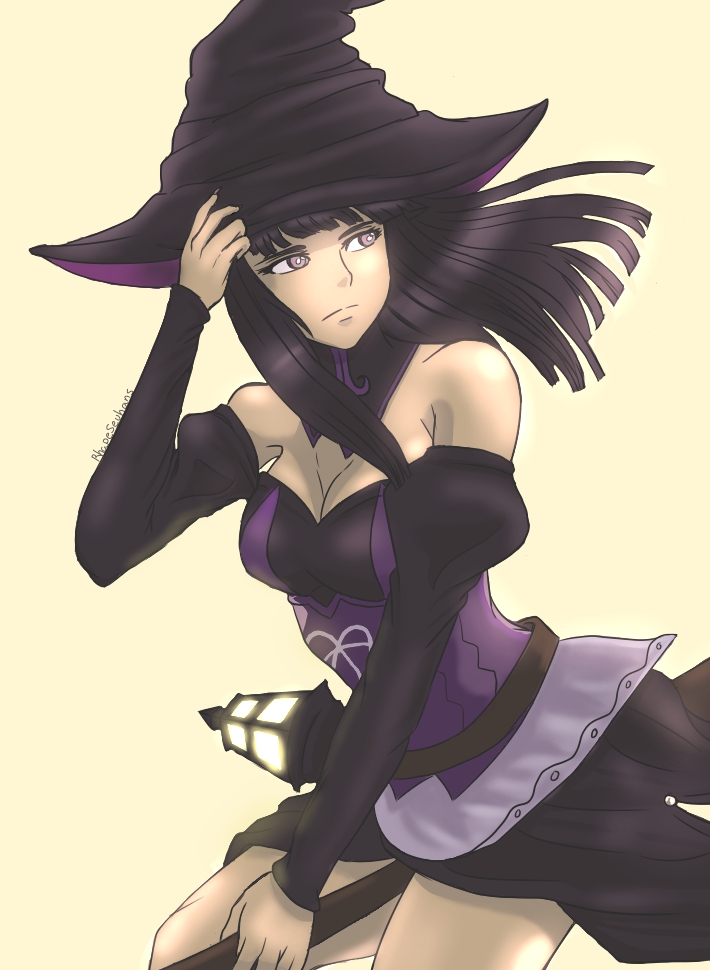 1girl black_hair broom broom_riding fire_emblem fire_emblem_if hat lantern simple_background solo syalla_(fire_emblem_if) violet_eyes white_background witch witch_hat