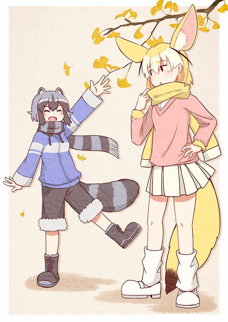 &gt;:d 2girls :d ^_^ adapted_costume animal_ears arm_up autumn_leaves blonde_hair boots closed_eyes commentary_request common_raccoon_(kemono_friends) extra_ears fang fennec_(kemono_friends) fox_ears fox_tail fur-trimmed_shorts fur-trimmed_sleeves fur_trim grey_hair hand_on_hip kemono_friends leg_warmers long_sleeves multicolored_hair multiple_girls open_mouth pleated_skirt print_scarf raccoon_ears raccoon_tail scarf short_hair shorts skirt smile tail waving white_hair white_skirt yellow_scarf