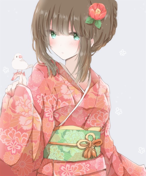 1girl animal animal_on_hand aqua_eyes bangs bird bird_on_hand blush brown_hair camellia closed_mouth flower grey_background hair_flower hair_ornament hiro_(hirohiro31) japanese_clothes kimono obi original red_flower red_kimono sash sidelocks simple_background solo upper_body