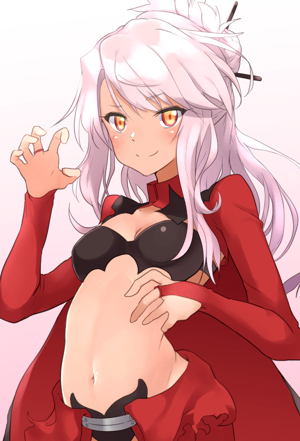 1girl blush breasts brown_eyes chloe_von_einzbern claw_pose cleavage closed_mouth dark_skin eyebrows_visible_through_hair fate/kaleid_liner_prisma_illya fate_(series) gradient gradient_background hechi_(hechi322) lavender_hair long_hair navel puffy_sleeves small_breasts smile solo