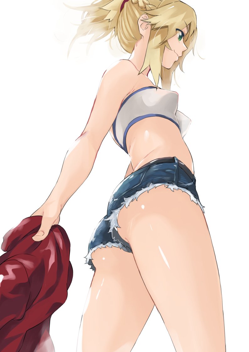 1girl bandeau bare_shoulders belt blonde_hair braid breasts cutoffs denim doushimasho fate/apocrypha fate_(series) green_eyes jacket jacket_removed long_hair medium_breasts perky_breasts red_jacket saber_of_red short_shorts shorts simple_background smile solo