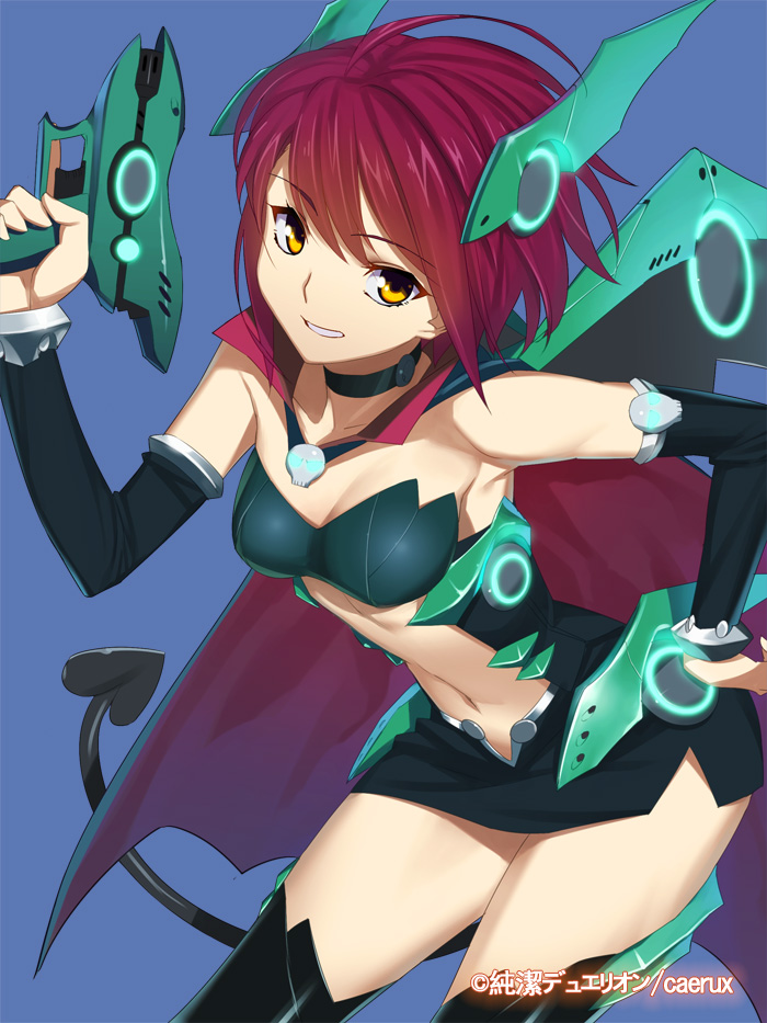 1girl black_legwear blue_background breasts choker cleavage collarbone cowboy_shot demon_tail detached_sleeves eyebrows_visible_through_hair gun hair_between_eyes hand_on_hip holding holding_gun holding_weapon junketsu_duelion looking_at_viewer medium_breasts navel open_mouth redhead revealing_clothes short_hair simple_background solo standing stomach tail thigh-highs weapon yangsion yellow_eyes