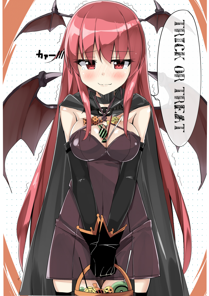 1girl alternate_costume basket bat_wings between_breasts blush breasts brooch candy cape cleavage commentary_request dress elbow_gloves embarrassed english eyebrows_visible_through_hair eyelashes food gloves hair_between_eyes halloween head_wings jack-o'-lantern jewelry koakuma lollipop long_hair looking_at_viewer pocky red_eyes redhead ringed_eyes sidelocks simple_background sleeveless sleeveless_dress smile solo su-suke tears touhou trembling trick_or_treat v_arms very_long_hair wavy_mouth wings