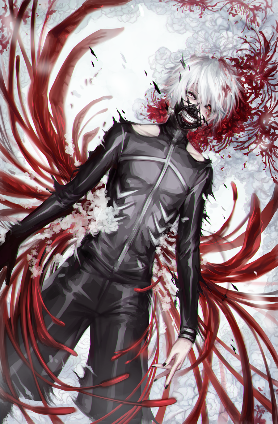 1boy avodkabottle black_jacket black_nails black_pants blood claws commentary face_mask flower gloves hair_between_eyes heterochromia highres jacket kaneki_ken long_sleeves looking_at_viewer lying male_focus mask nail_polish on_back pants red_sclera single_glove solo tokyo_ghoul torn_clothes white_hair yellow_eyes