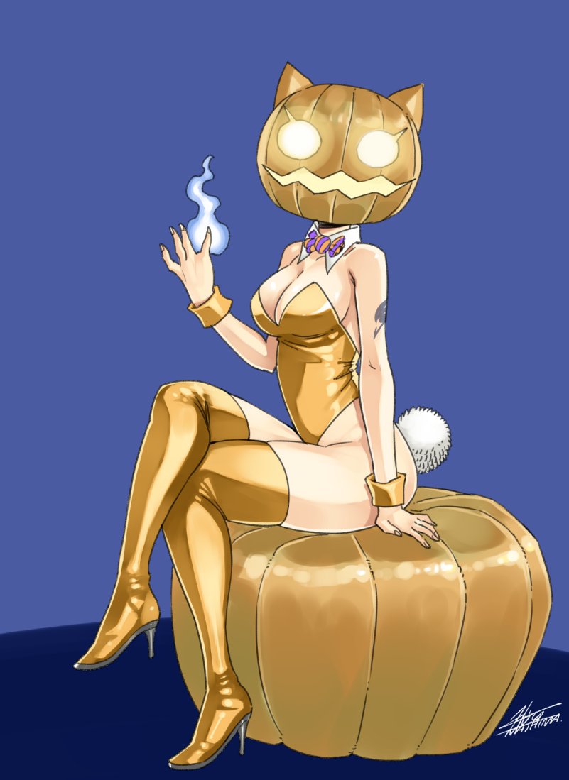 1girl arm_tattoo ass bare_shoulders blue_background blue_fire boots bow bowtie breasts bunny_tail bunnysuit cleavage covered_face curvy detached_collar erza_scarlet fairy_tail fire full_body gold gold_leotard halloween high_heels hips hitodama jack-o'-lantern large_breasts legs_crossed long_legs mashima_hiro mask pumpkin signature sitting solo stiletto_boots stiletto_heels tail tattoo thick_thighs thigh-highs thigh_boots thighs wrist_cuffs