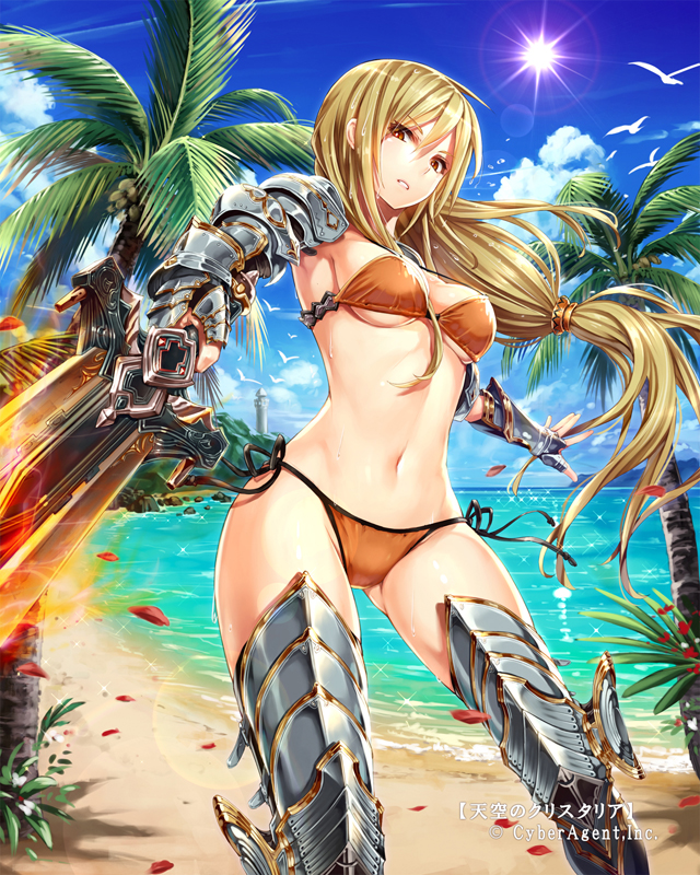 1girl armor armored_boots bikini bird blonde_hair blue_sky boots breasts cleavage day floating_hair from_below gabiran gauntlets gluteal_fold holding holding_sword holding_weapon lens_flare long_hair looking_at_viewer medium_breasts navel orange_bikini outdoors outstretched_arm palm_tree parted_lips petals ponytail red_eyes shiny shiny_skin side-tie_bikini sky solo standing sun swimsuit sword tenkuu_no_crystalia tree under_boob very_long_hair weapon