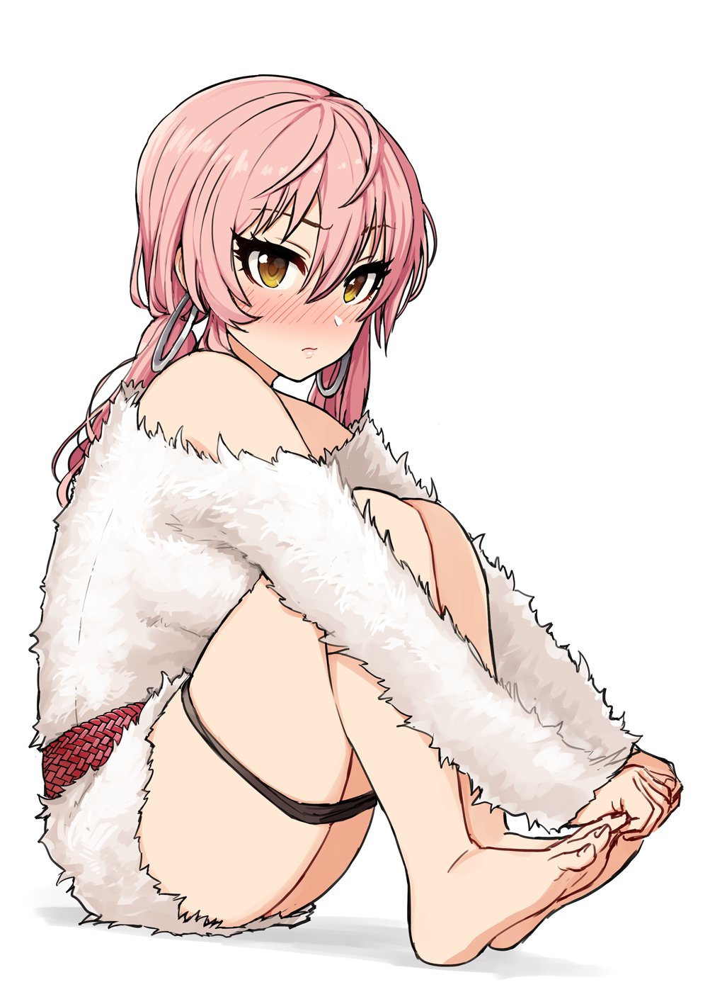 1girl bare_legs bare_shoulders barefoot black_panties blush closed_mouth dress earrings embarrassed eyebrows_visible_through_hair eyelashes feet full_body fur_sweater hair_between_eyes hands_on_feet hands_on_own_feet highres hoop_earrings idolmaster idolmaster_cinderella_girls jewelry jougasaki_mika knees_up long_hair long_sleeves looking_at_viewer low_twintails nose_blush off-shoulder_sweater omaru_gyuunyuu panties panty_pull pink_hair simple_background solo sweater sweater_dress tsurime twintails underwear white_background white_sweater yellow_eyes