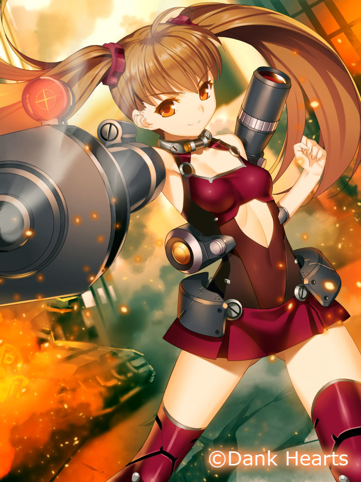 1girl ahoge breasts brown_hair cleavage covered_navel eyebrows_visible_through_hair floating_hair gluteal_fold hair_ornament long_hair looking_at_viewer mecha_musume orange_eyes red_legwear sleeveless small_breasts smile solo standing thigh-highs twintails very_long_hair weapon_girls yangsion