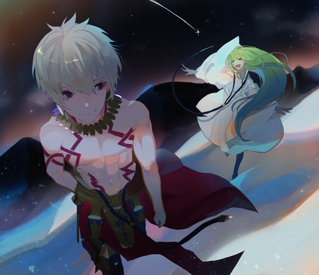 2boys :d androgynous armor blonde_hair blue_eyes closed_mouth commentary dress enkidu_(fate/strange_fake) fate/strange_fake fate_(series) faulds gilgamesh greaves green_hair jewelry kibadori_rue long_hair long_sleeves looking_at_another looking_back male_focus multiple_boys necklace open_mouth pelvic_curtain red_eyes running shooting_star sky smile standing star_(sky) starry_sky topless very_long_hair walking white_dress