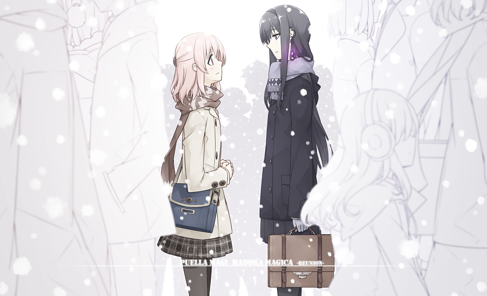 2girls akemi_homura alternate_hairstyle bag black_hair bow coat commentary_request copyright_name earmuffs earrings face-to-face gloves hair_bow hair_ornament hairclip height_difference jewelry kaname_madoka long_hair looking_at_another mahou_shoujo_madoka_magica mahou_shoujo_madoka_magica_movie multiple_girls pantyhose pink_eyes pink_hair sakuraba_yuuki scarf school_bag school_uniform short_hair skirt snowing violet_eyes
