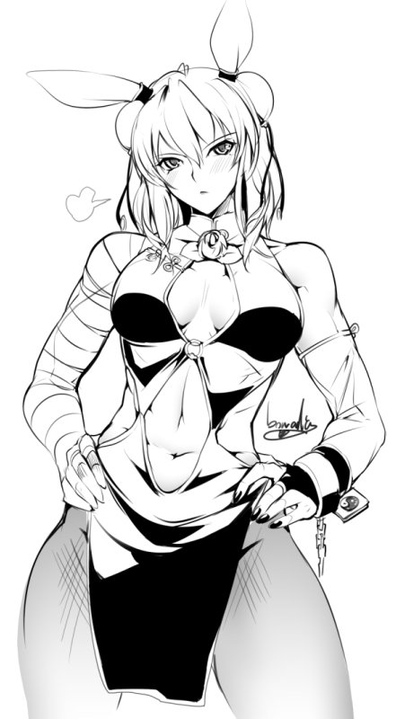 1girl alternate_costume animal_ears artist_name bandage bandaged_arm bangs blush bowalia breasts cleavage_cutout cowboy_shot cuffs double_bun dress hair_between_eyes hands_on_hips ibaraki_kasen lineart looking_at_viewer medium_breasts monochrome muscle nail_polish navel nose_blush pantyhose pelvic_curtain rabbit_ears revealing_clothes shackles short_hair simple_background sleeveless sleeveless_dress solo stance stomach thighs toned touhou white_background