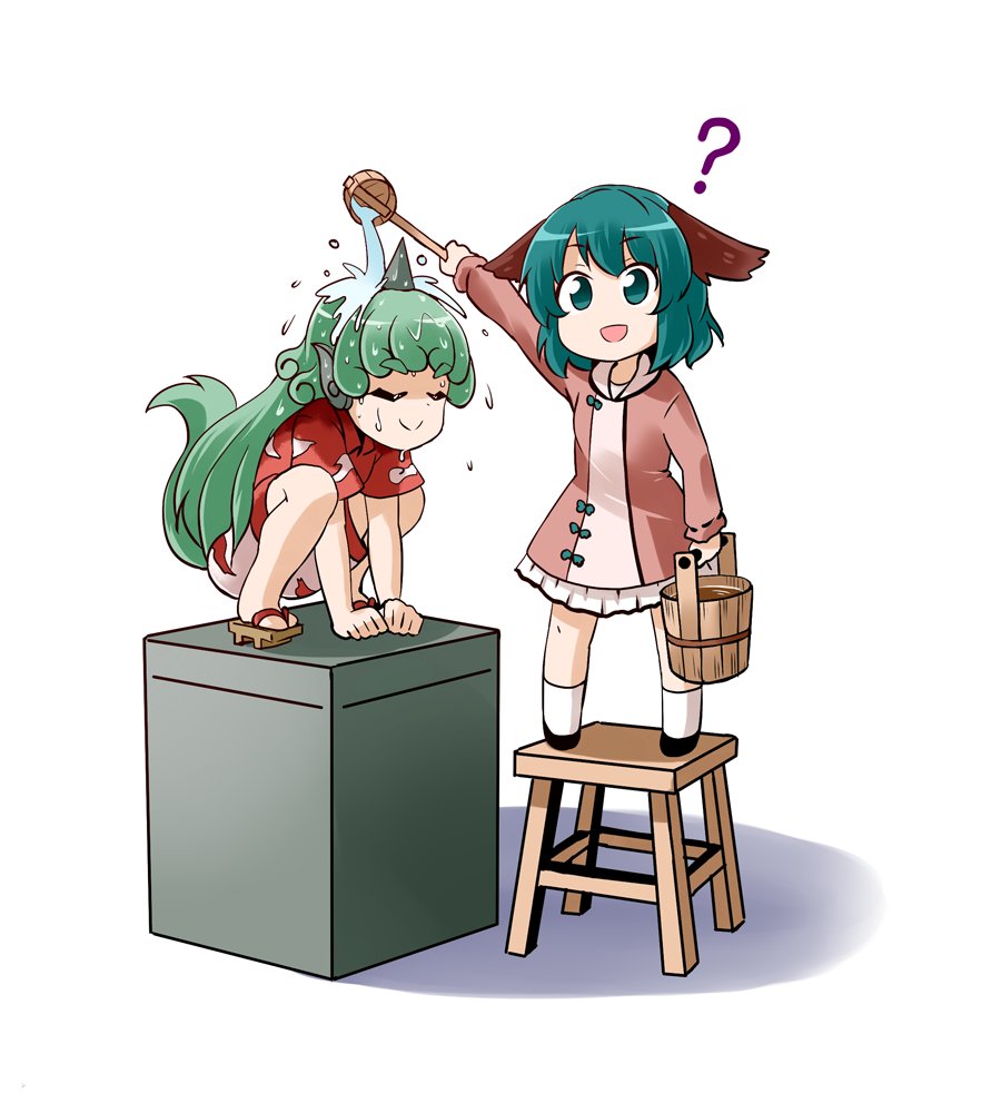 2girls :d ? animal_ears aqua_eyes aqua_hair black_footwear bow bucket closed_eyes curly_hair dress eyebrows_visible_through_hair geta green_bow green_hair hishaku horn kariyushi_shirt kasodani_kyouko komano_aun kousei_(public_planet) long_hair long_sleeves looking_at_viewer multiple_girls no_nose open_mouth pedestal pink_dress pink_shorts red_shirt shirt short_hair short_sleeves shorts smile socks splashing standing stool tail touhou very_long_hair wet white_background white_legwear wooden_bucket