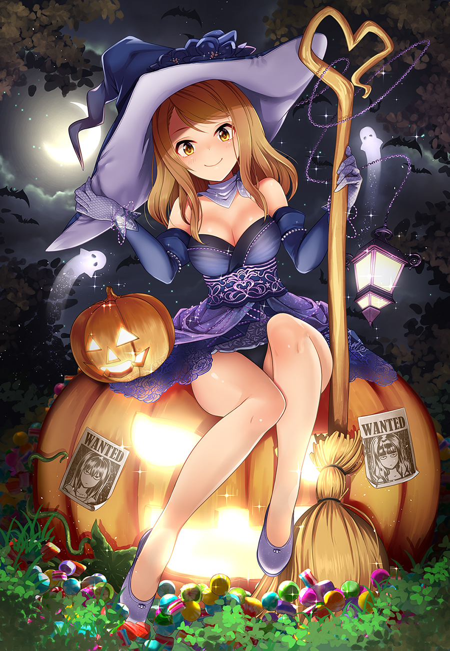 1girl black_panties blush breasts broom brown_eyes brown_hair detached_sleeves dress ghost halloween hat highres houjou_karen idolmaster idolmaster_cinderella_girls jack-o'-lantern kamiya_nao kazu long_hair looking_at_viewer medium_breasts panties pantyshot pumpkin shibuya_rin smile solo underwear wanted witch_hat