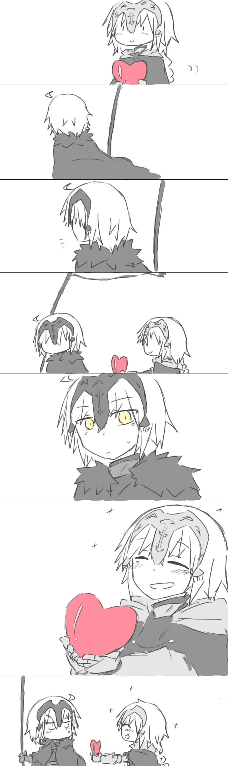 2girls absurdres ahoge braid closed_eyes comic facing_another fate/grand_order fate_(series) fur_trim gauntlets greyscale headpiece heart highres holding holding_flag holding_heart jeanne_alter long_braid looking_at_another monochrome multiple_girls offering open_mouth ruler_(fate/apocrypha) short_hair silent_comic single_braid smile spot_color sweat the_iizumi white_background yellow_eyes yuri