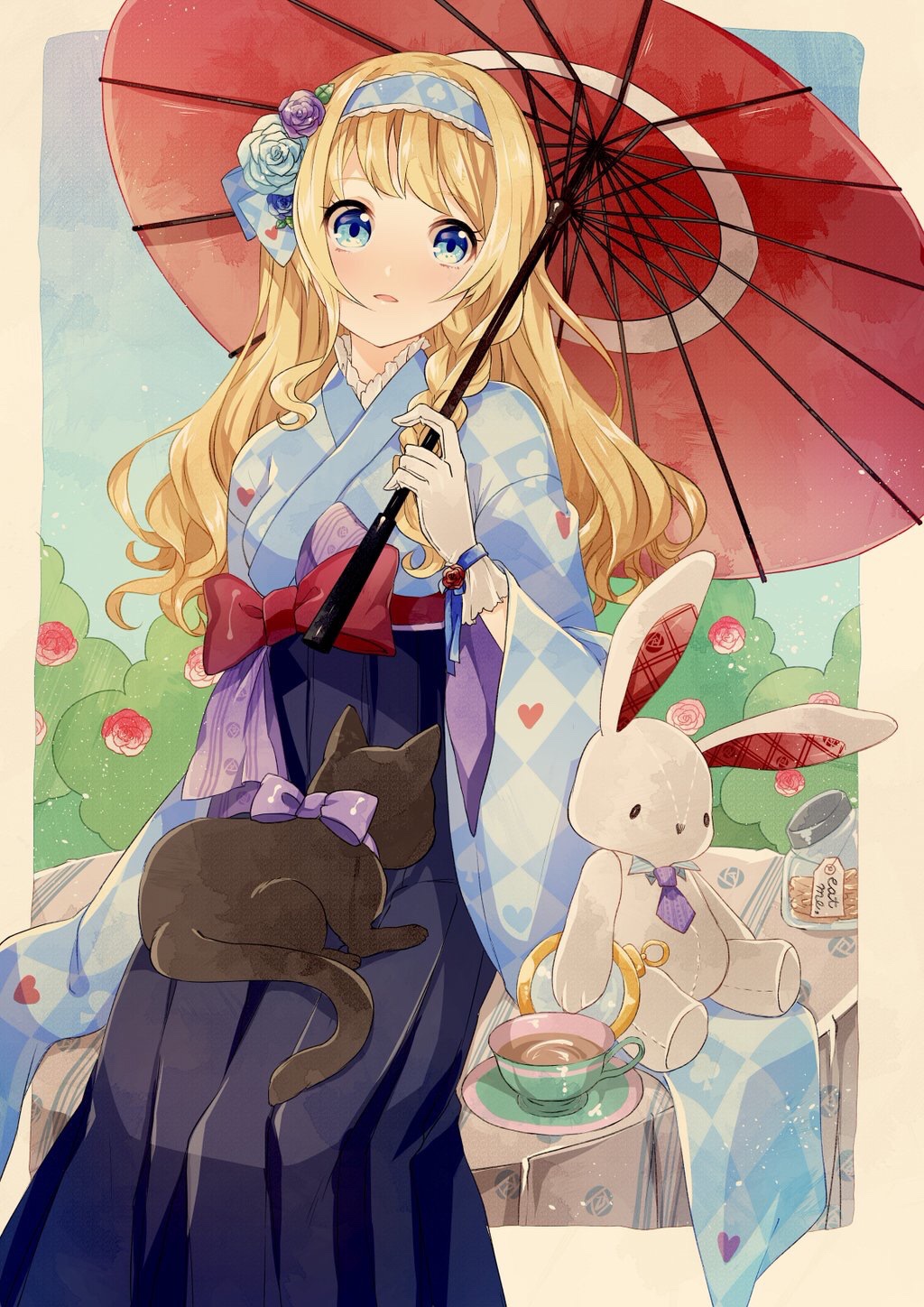 1girl animal animal_on_lap bangs black_cat blonde_hair blue_eyes blue_hakama blue_headband blue_kimono blue_rose blue_sky blush border bow bush cat clock cup flower gloves hair_flower hair_ornament hakama heart highres holding holding_umbrella hozumi_rino japanese_clothes jar kimono long_hair long_sleeves looking_at_viewer on_table original parasol parted_lips purple_bow purple_rose red_bow red_umbrella rose rose_bush sash saucer sitting sky smile stuffed_animal stuffed_bunny stuffed_toy table tareme tea teacup umbrella wavy_hair white_gloves wide_sleeves