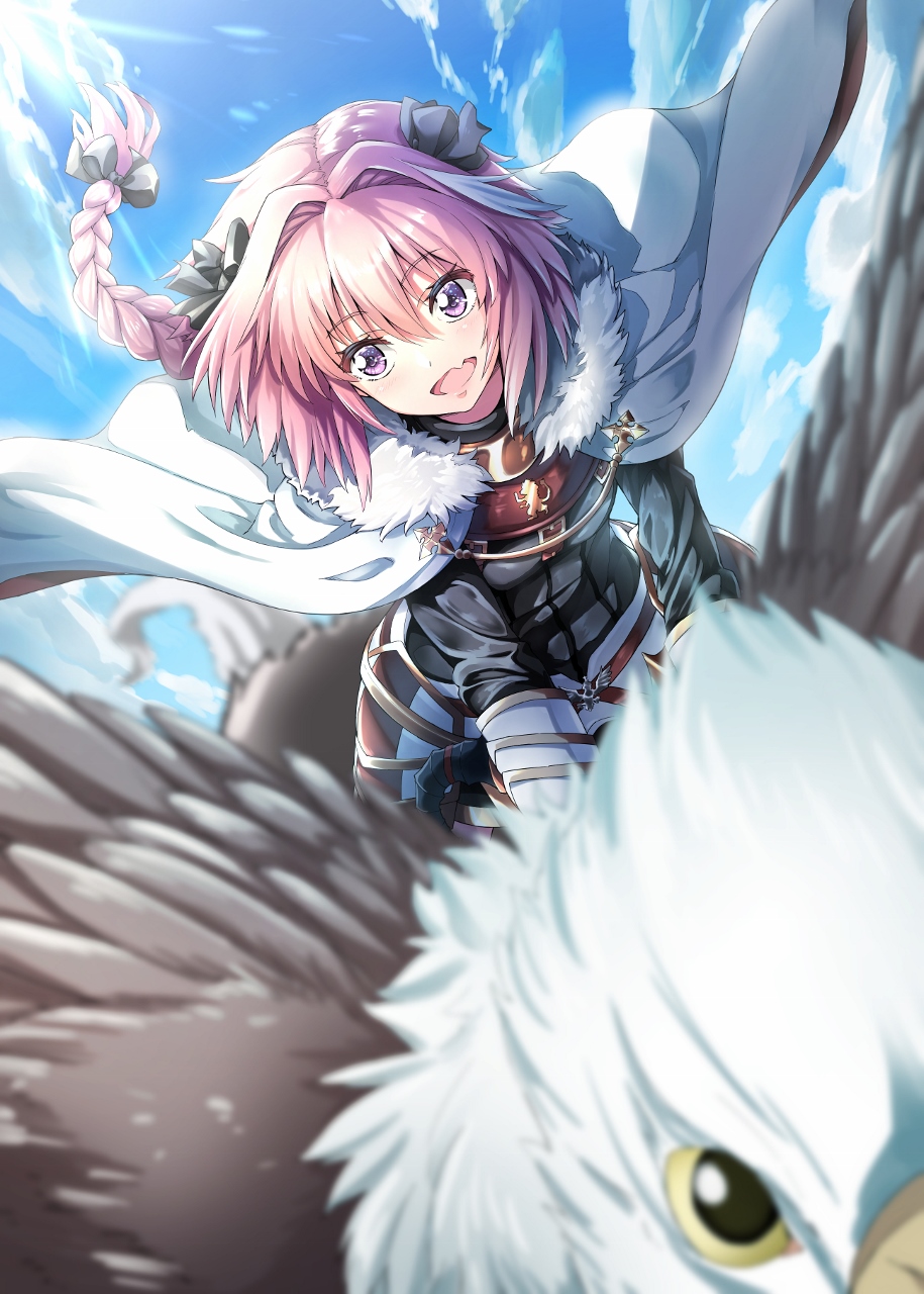 1boy :d bald_eagle bangs bird black_bow blue_sky blurry blush bow cape commentary_request day depth_of_field eagle eyebrows_visible_through_hair fang fate/apocrypha fate_(series) flying fur_trim hair_bow hair_intakes highres leaning_forward long_hair looking_at_viewer male_focus multicolored_hair open_mouth outdoors pink_hair rider_of_black riding rusk_(canvas4ban) sky smile streaked_hair trap very_long_hair violet_eyes white_cape white_hair