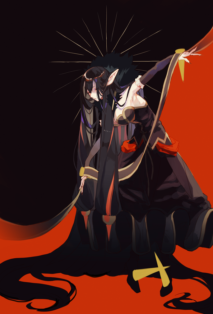 1girl absurdly_long_hair armpits assassin_of_red bare_shoulders black_dress black_hair bowing breasts closed_eyes closed_mouth commentary detached_sleeves dress fate/apocrypha fate_(series) kibadori_rue large_breasts long_hair pointy_ears solo standing very_long_hair