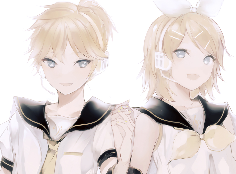 1boy 1girl :d blonde_hair bow brother_and_sister collarbone detached_sleeves grey_eyes hair_bow hair_ornament hairband hairclip hand_holding headphones kagamine_len kagamine_rin looking_at_viewer lpip microphone nail_polish neckerchief necktie open_mouth shirt short_hair short_sleeves siblings simple_background sleeveless sleeveless_shirt smile upper_body vocaloid white_background white_bow white_hairband white_shirt yellow_nails yellow_neckwear