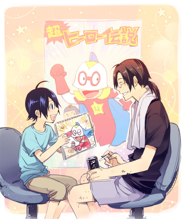 2boys :d age_difference bakuman black_eyes black_hair black_shirt blue_shirt can chair cigarette closed_eyes glasses happy looking_at_another male_focus mashiro_moritaka multiple_boys notebook open_mouth pink_background ponytail poster_(object) shirt short_hair shorts simple_background sitting smile soda soda_can star starry_background towel towel_around_neck uncle_and_nephew