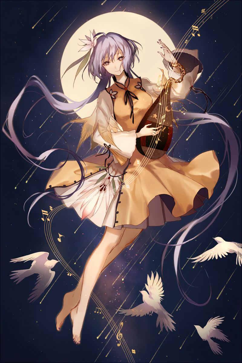 1girl ahoge bare_legs barefoot beamed_semiquavers bird biwa_lute chains closed_mouth crotchet dress flat_sign floating flower full_body full_moon hair_flower hair_ornament highres instrument long_hair long_sleeves looking_at_viewer lute_(instrument) moon music musical_note natural_sign playing_instrument quaver raito47 school_uniform shooting_star smile solo tabard toenail_polish touhou treble_clef tsukumo_benben very_long_hair white_dress wide_sleeves