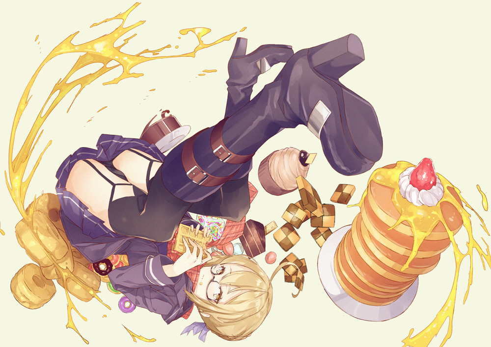 1girl ahoge artoria_pendragon_(all) black-framed_eyewear black_footwear black_legwear black_panties blonde_hair blue_skirt boots cake checkerboard_cookie closed_mouth coat commentary_request cookie cupcake doughnut duffel_coat eating fate/grand_order fate_(series) food food_on_face french_cruller fruit furisuku garter_straps glasses hair_between_eyes high_heel_boots high_heels knee_boots looking_at_viewer mysterious_heroine_x mysterious_heroine_x_(alter) open_clothes open_coat pancake panties pantyshot plaid plaid_scarf plate pleated_skirt red_scarf scarf school_uniform semi-rimless_eyewear serafuku short_hair_with_long_locks sidelocks simple_background skirt solo strawberry sweets syrup thigh-highs thighs under-rim_eyewear underwear upside-down waffle whipped_cream