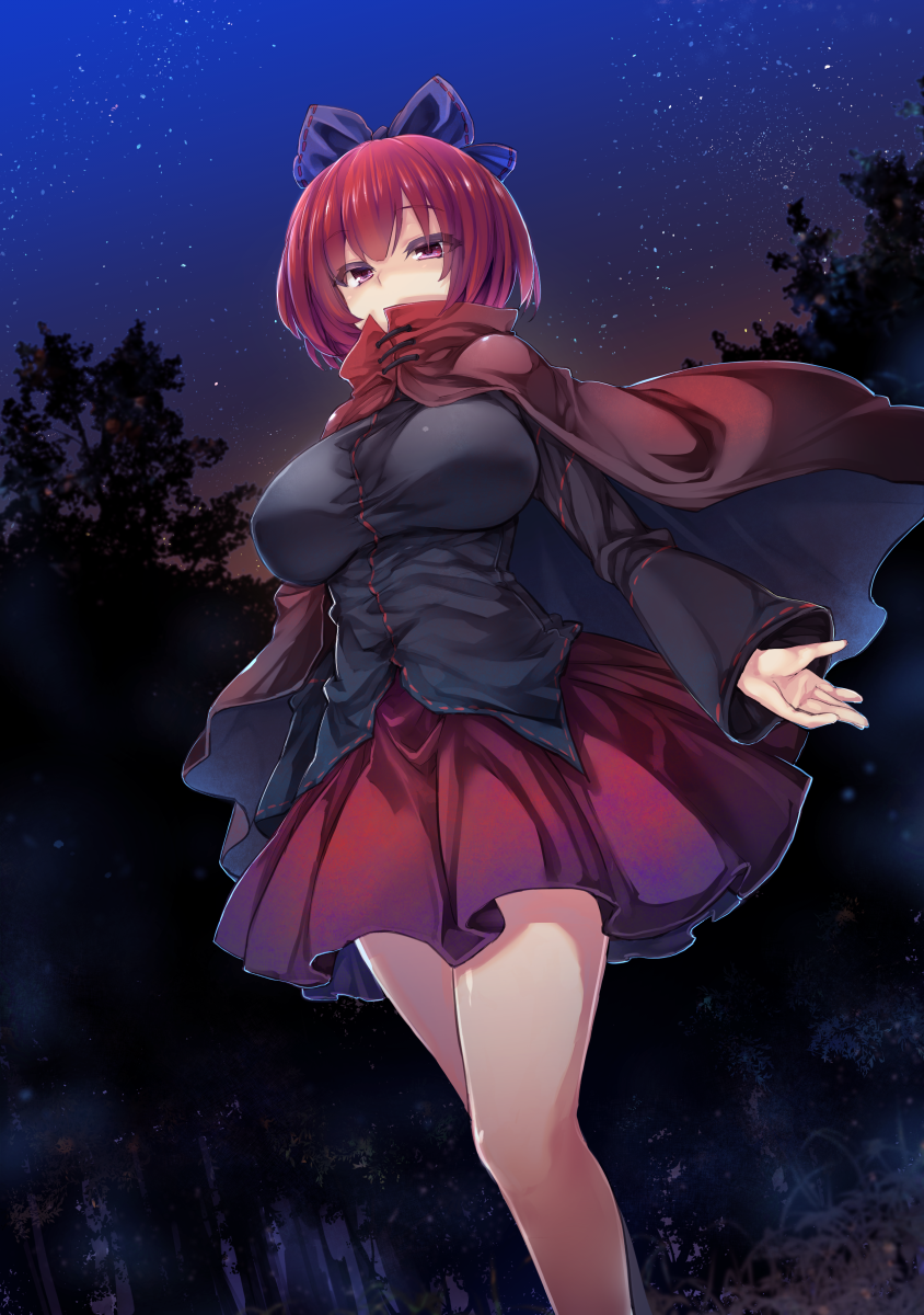 breasts highres large_breasts long_sleeves looking_at_viewer redhead sekibanki short_hair solo thighs touhou tousen