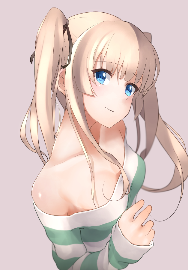 1girl bare_shoulders blonde_hair blue_eyes blush breasts brown_ribbon closed_mouth collarbone eyebrows_visible_through_hair from_above from_side hair_ribbon hechi_(hechi322) long_hair ribbon saenai_heroine_no_sodatekata sawamura_spencer_eriri shirt sleeves_past_wrists small_breasts solo striped striped_shirt twintails upper_body wavy_mouth