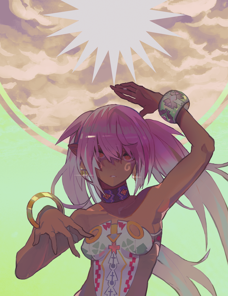 1girl arm_up armpits bare_shoulders bracelet breasts choker commentary dancing dark_skin facial_mark green_background hair_between_eyes jewelry kibadori_rue long_hair looking_at_viewer medium_breasts parted_lips pink_hair pointy_ears red_eyes solo twintails upper_body