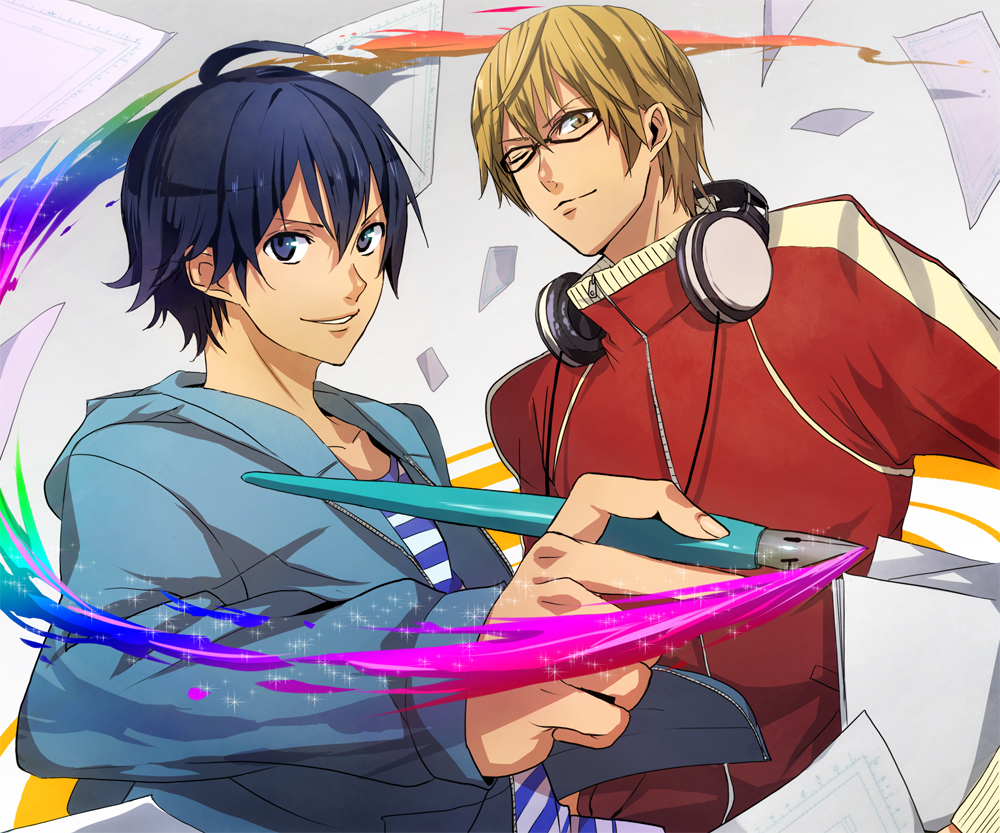 2boys ;) bakuman blonde_hair blue_eyes blue_hair blue_shirt eyebrows_visible_through_hair glasses grey_background headphones jacket looking_at_viewer male_focus mashiro_moritaka mizu_no multiple_boys one_eye_closed pages pen pencil red_jacket shirt short_hair simple_background smile sparkle takagi_akito white_shirt yellow_eyes