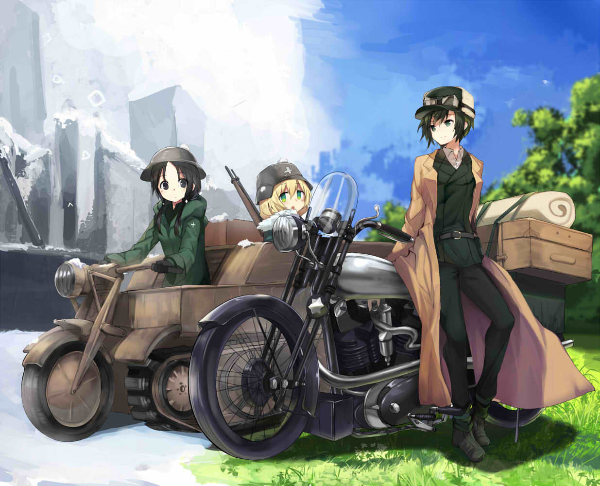 3girls belt black_eyes black_gloves black_hair blonde_hair blush chito_(shoujo_shuumatsu_ryokou) closed_mouth collared_shirt commentary_request crossover day full_body fur_trim gloves goggles goggles_on_head grass green_coat green_eyes green_hair green_pants ground_vehicle gun haik hat helmet hermes jacket kettenkrad kino kino_no_tabi long_hair low_twintails luggage motor_vehicle motorcycle multiple_girls open_clothes open_jacket open_mouth outdoors pants parted_lips rifle shirt short_hair shoujo_shuumatsu_ryokou silhouette sitting sky smile snow split_theme standing suitcase tree twintails weapon white_shirt wing_collar yuuri_(shoujo_shuumatsu_ryokou)