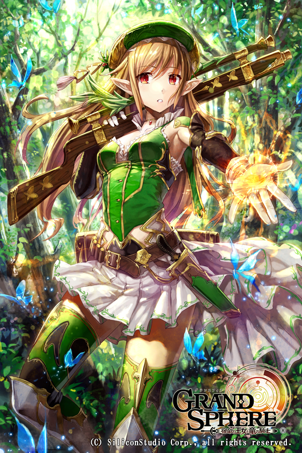 1girl armor armored_boots belt blonde_hair boots breasts collarbone copyright_name day detached_sleeves elf eyebrows_visible_through_hair forest gabiran gloves grand_sphere green_hat green_legwear gun hair_between_eyes hat holding holding_gun holding_weapon jewelry knife long_hair looking_at_viewer miniskirt nature necklace outdoors pleated_skirt pointy_ears red_eyes rifle sheath skirt sleeveless small_breasts solo thigh-highs tree weapon white_gloves white_skirt