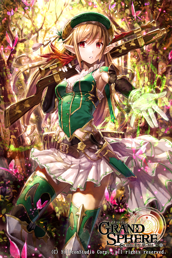 1girl armor armored_boots blonde_hair boots breasts collarbone copyright_name detached_sleeves elf eyebrows_visible_through_hair floating_hair foreshortening forest gabiran gloves grand_sphere green_hat green_legwear gun hair_between_eyes hat holding holding_gun holding_weapon jewelry long_hair looking_at_viewer miniskirt nature necklace parted_lips pleated_skirt pointy_ears red_eyes rifle skirt sleeveless small_breasts solo standing thigh-highs tree weapon white_gloves white_skirt