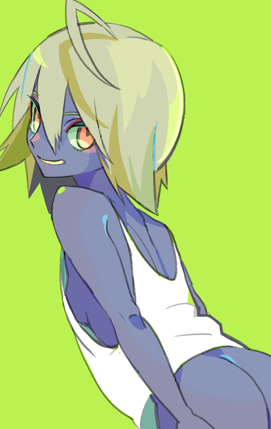1girl ahoge ass bare_arms bare_shoulders blonde_hair blue_skin breasts from_behind green_background green_sclera grin kibadori_rue leaning_forward looking_at_viewer looking_back naked_shirt orange_eyes original parted_lips shirt short_hair sideboob simple_background sleeveless sleeveless_shirt small_breasts smile solo white_shirt